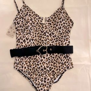 Black and Cream One-Piece Swimsuit with Waist Cinch